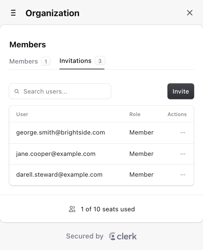 Clerk organization profile component showing the members tab, with the current members and their pending invitations.