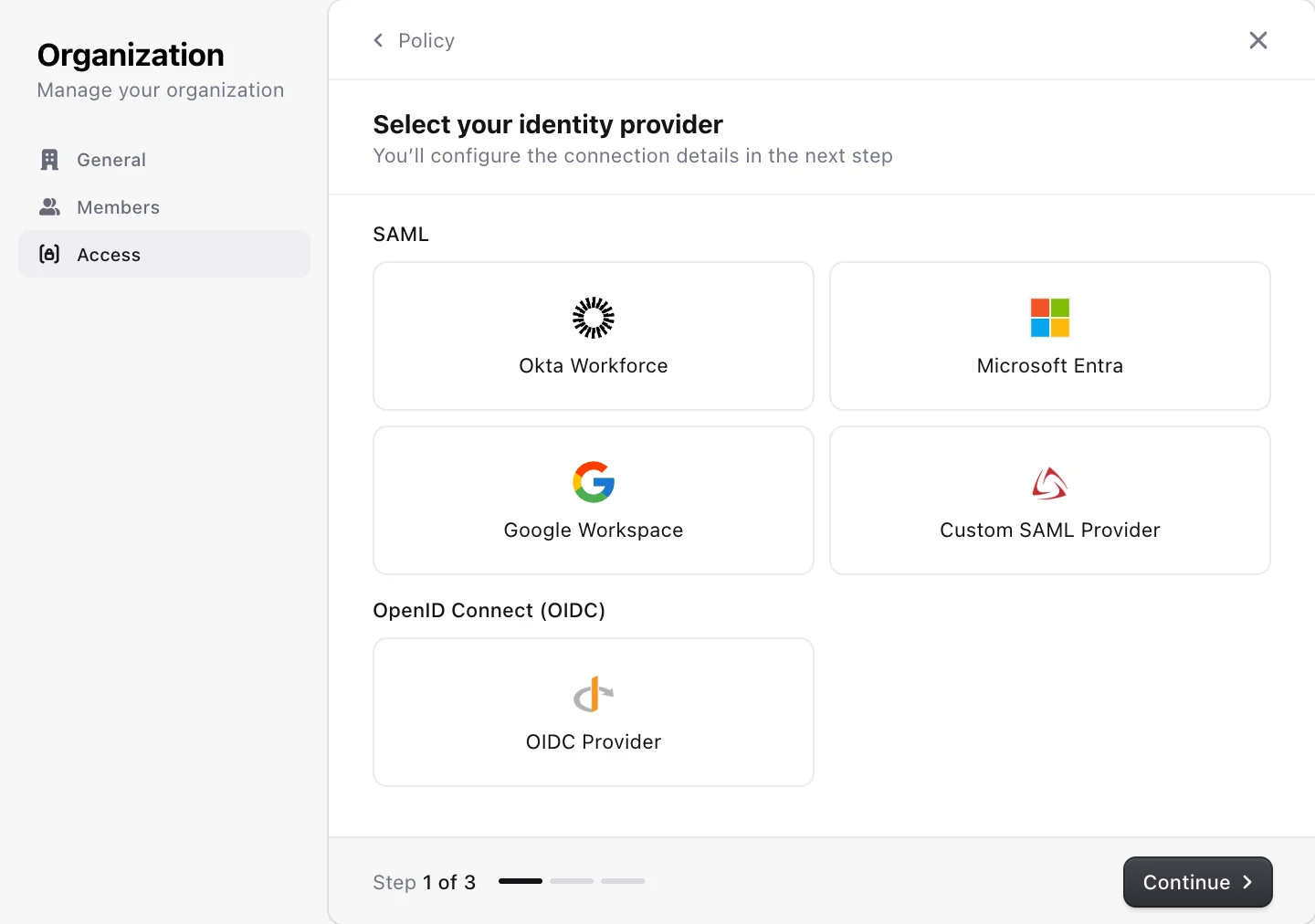 Clerk organization profile open on Access, setting up enterprise SSO: step 1 of 3, choosing an identity provider such as Okta Workforce, Microsoft Entra, or Google Workspace.
