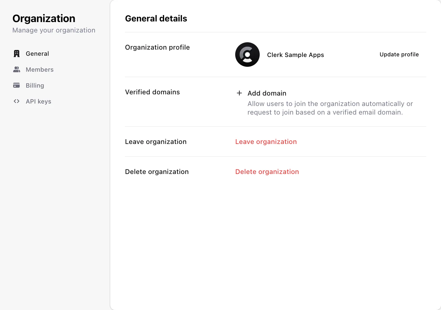 Clerk organization profile component with options to manage the profile and member settings.
