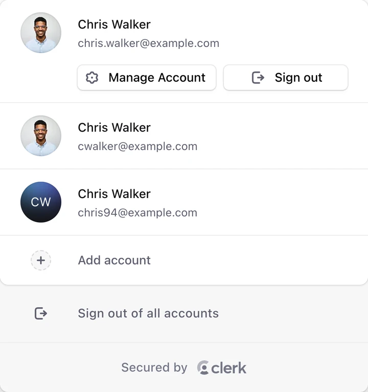 Clerk user button component expanded to display account switcher, manage account, and sign out options.