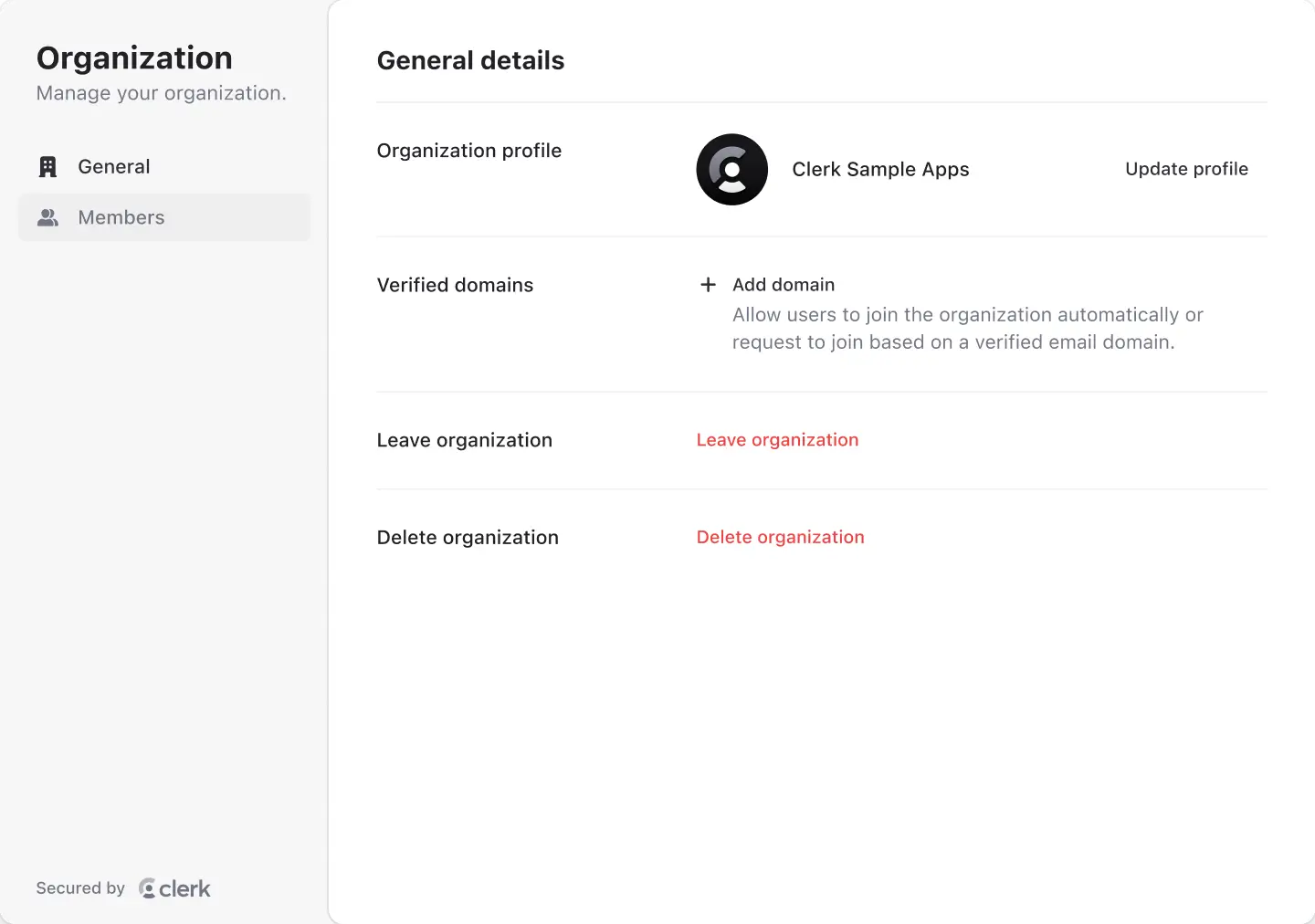 Clerk organization profile component with options to manage the profile and member settings.