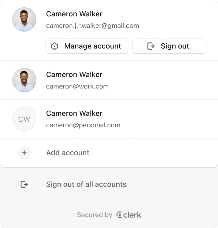 Clerk user button component expanded to display account switcher, manage account, and sign out options.
