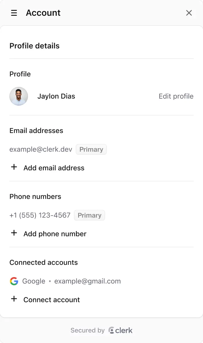 Clerk user profile component with options to manage profile and security settings.